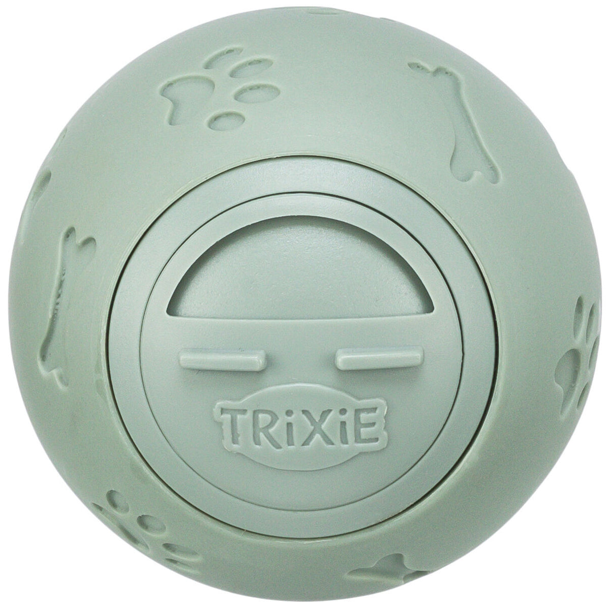 Grüner Ball mit Pfoten- und Knochenmustern, rundes Fach mit der Aufschrift "Trixie" auf der Vorderseite.