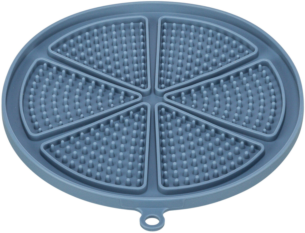 Runde blaue Unterlage mit segmentierten Flächen und Noppen, geeignet für gleichmäßige Verteilung von Inhalten.