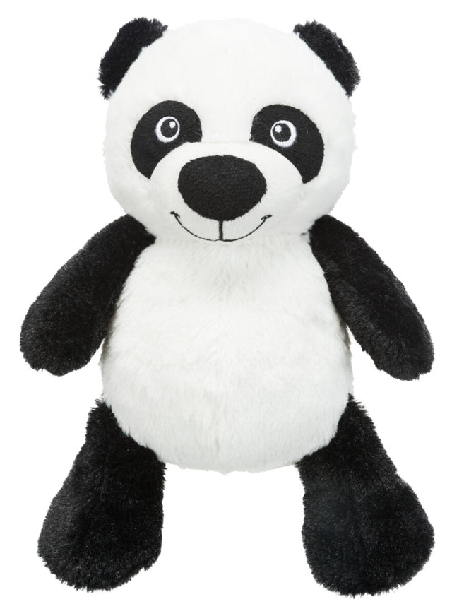 Schwarz-weißer Plüschpanda mit runden Augen und einem Lächeln, weicher Körper, stehende Position.