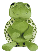 Grünes Plüschspielzeug in Froschform mit großen Augen und gemusterten Rücken in dunklen Flecken.