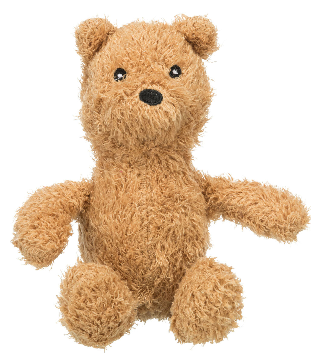 Brauner Plüschbär mit dunkelbraunen Augen und Schnauze, in sitzender Position, vor weißem Hintergrund.