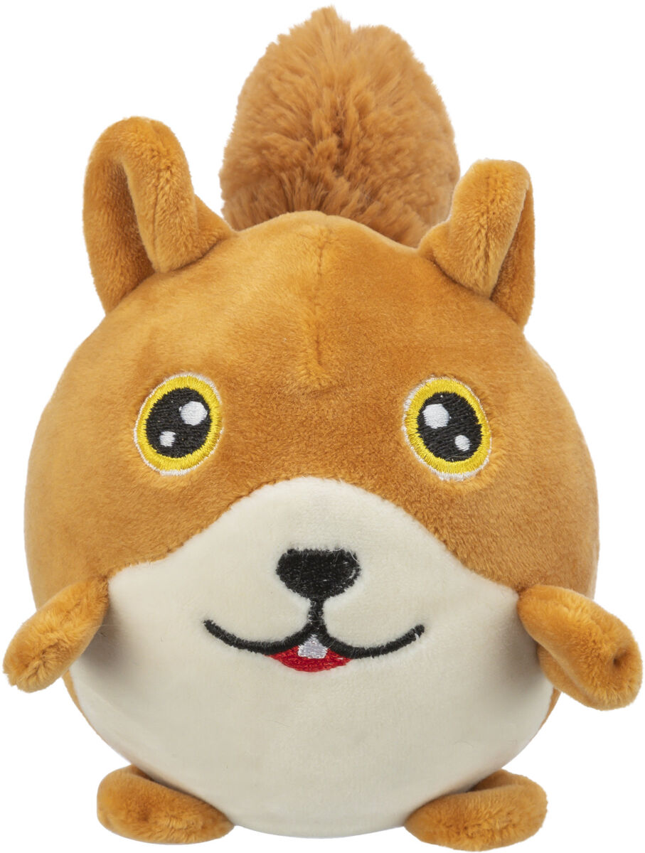 Rundes, plüschiges Stofftier in Tierform mit braunem Fell, großen Augen und kleinen Ohren, lächelnder Gesichtsausdruck.