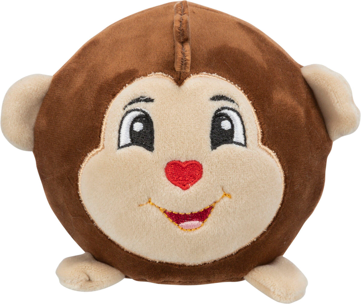 Rundes, braunes Plüschspielzeug mit einem lächelnden Gesicht, großen Augen und herzförmiger Nase.