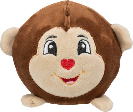 Rundes, braunes Plüschspielzeug mit einem lächelnden Gesicht, großen Augen und herzförmiger Nase.
