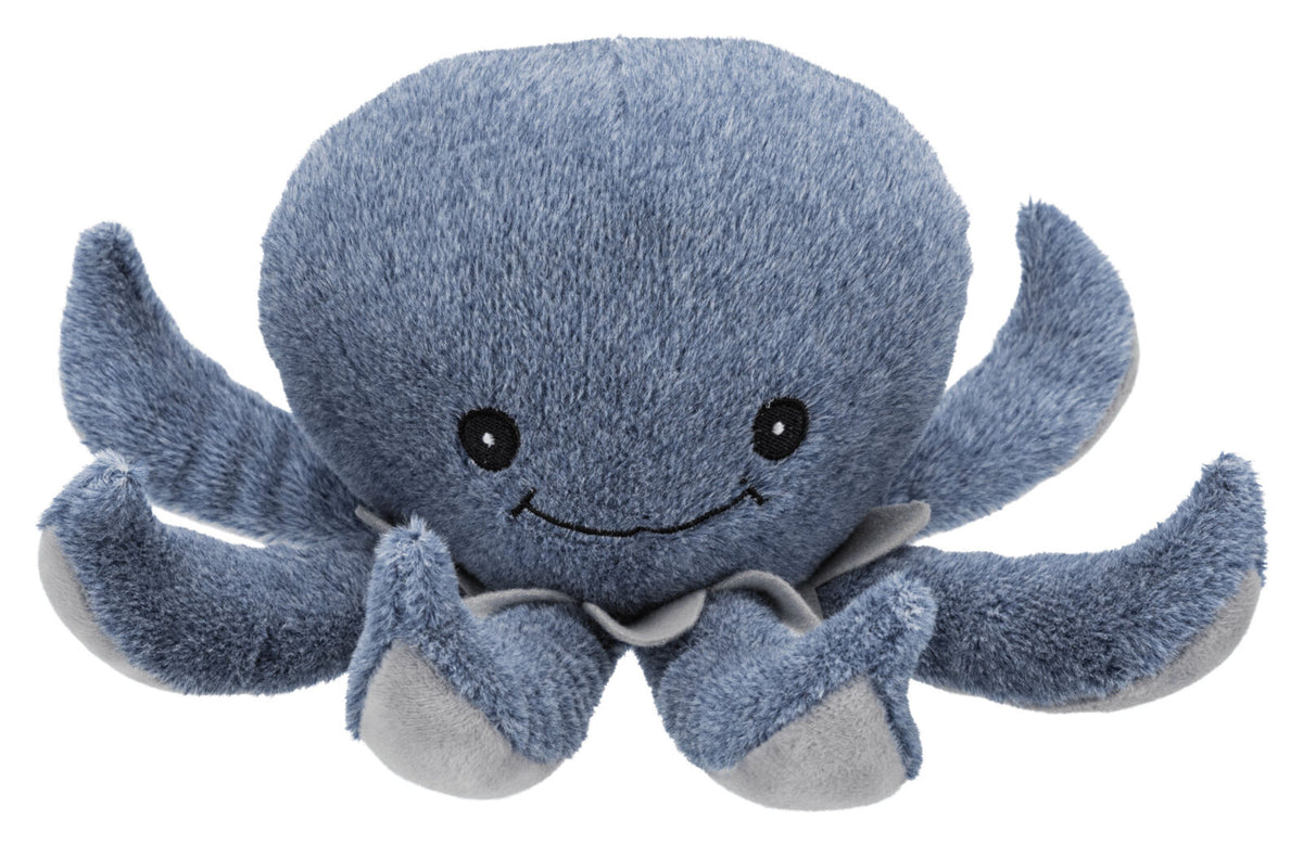 Blaues, plüschiges Spielzeug in Form eines Oktopus mit einem lächelnden Gesicht und mehreren Armen.