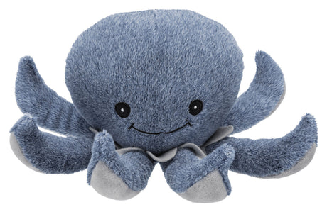 Blaues, plüschiges Spielzeug in Form eines Oktopus mit einem lächelnden Gesicht und mehreren Armen.