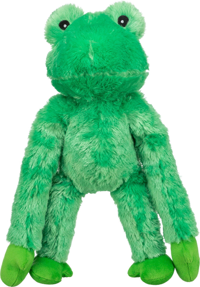 Ein grünes Plüschtier in Form eines Frosches mit großen Augen und langen Armen sitzt aufrecht.