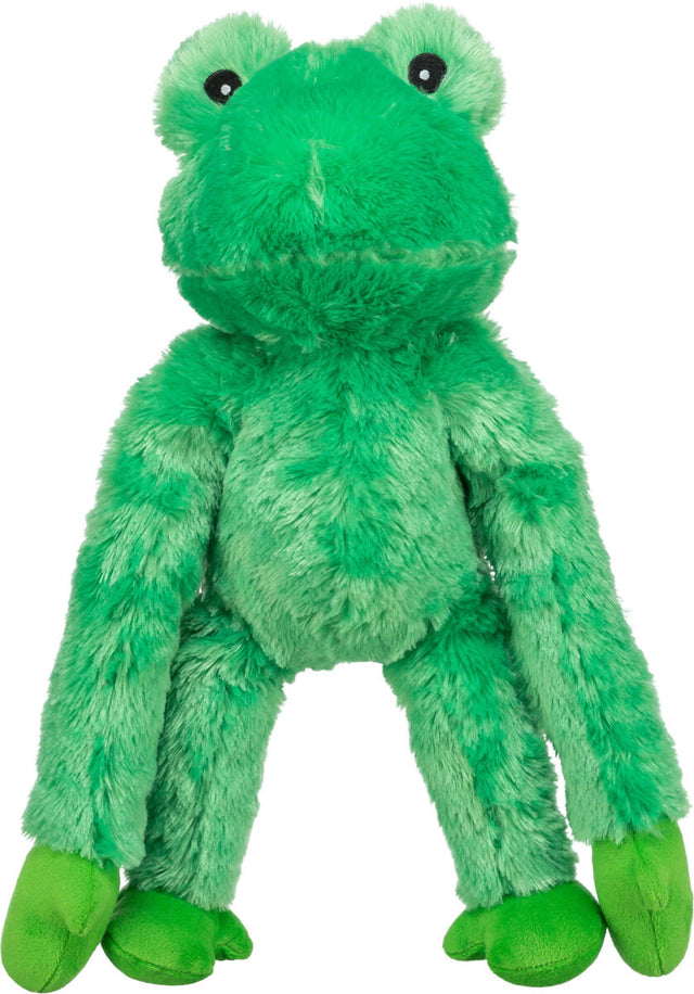 Ein grünes Plüschtier in Form eines Frosches mit großen Augen und langen Armen sitzt aufrecht.