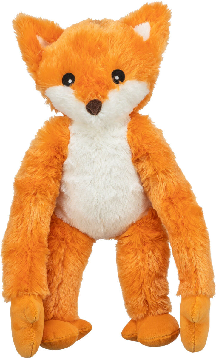 Plüschspielzeug in Form eines orangefarbenen Fuchses mit weißem Bauch und großen schwarzen Augen.