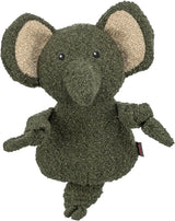 Kuscheltier in Form eines Elefanten mit dunkelgrünem, strukturreichem Stoff, großen Ohren und schwarzen Augen.