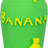 Grüne Flasche mit gelbem Verschluss, gelbem Knochenmotiv und Banane, Aufschrift "Banana".