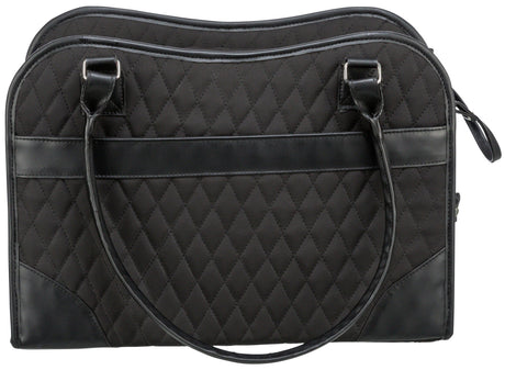 Schwarze Tasche mit Rautenmuster, zwei Tragegriffen und glatten schwarzen Streifen zwischen den Nähten.
