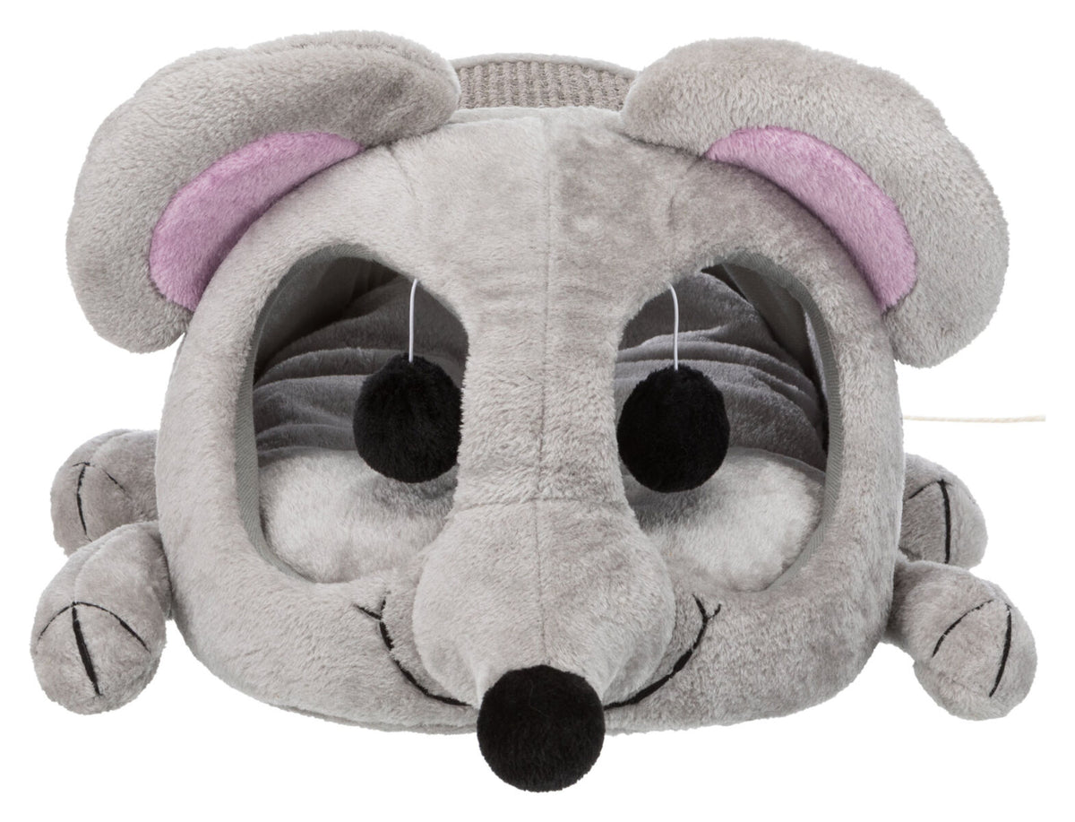 Graue plüschige Tierhöhle in Form einer Maus mit großen Ohren und rosa Innenseiten sowie hängenden schwarzen Bommeln.