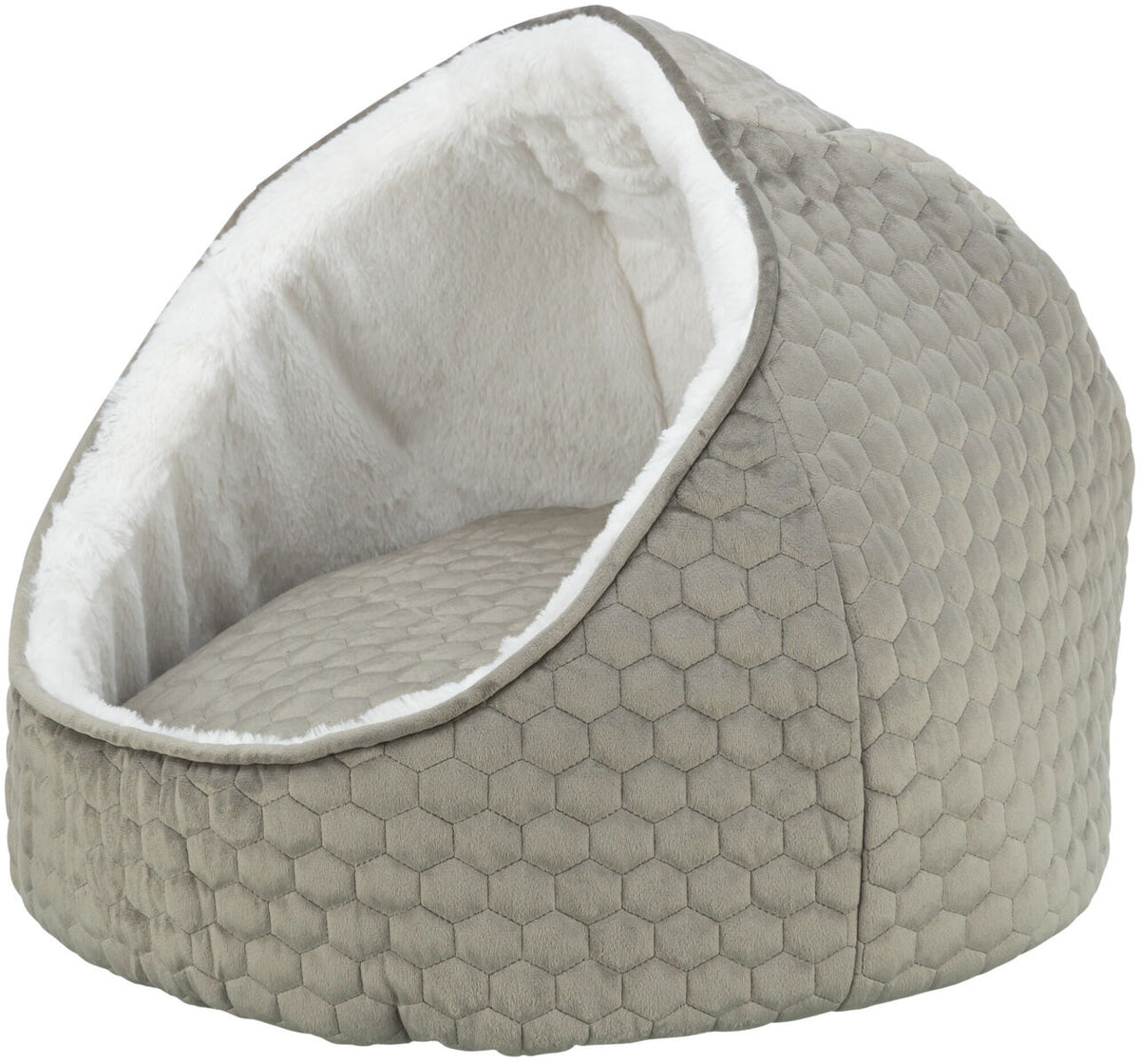 Ein graues, kuppelförmiges Polsterbett mit hexagonalem Muster und weißem, weichem Innenfutter.