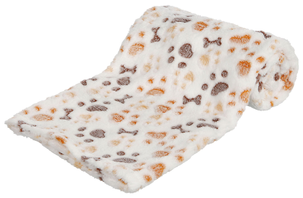 Weiß geflecktes Kuscheltuch mit braunen und orangen Pfoten- und Knochenmustern auf weichem Stoff.