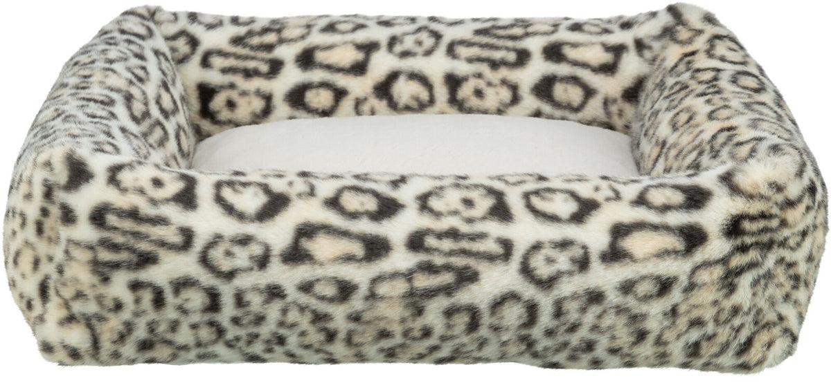 Weiches, rechteckiges Tierbett mit Leopardenmuster, aus plüschartigem Material in Beige und Braun.