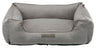 Graues Haustierbett in rechteckiger Sofaform mit erhöhtem Rand und einem Etikett "homeEdition Trixie".