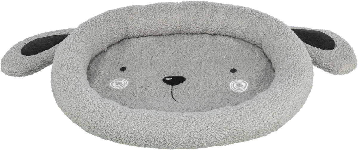 Graues Tierbett in Form eines Tieres mit aufgesticktem Gesicht und Ohren, aus plüschigem Material.