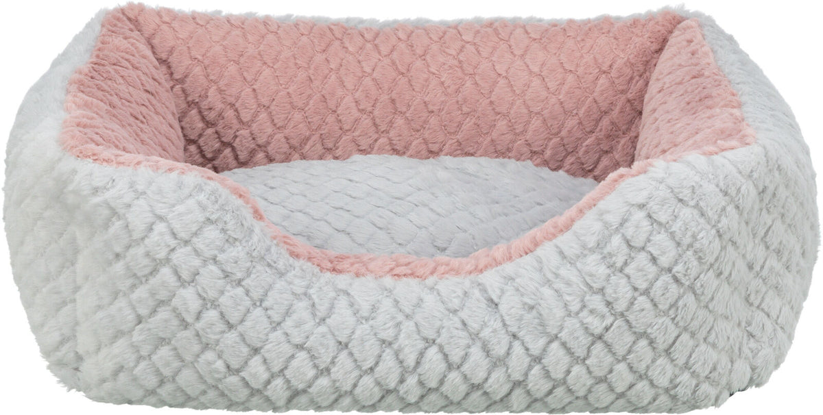 Rechteckiges flauschiges Bett in Grau und Rosa mit einer strukturierten Oberfläche innen und außen.