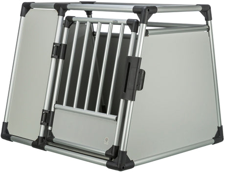 Silberner und schwarzer Aluminium-Fahrradanhänger mit Gittertür und robustem Rahmen.