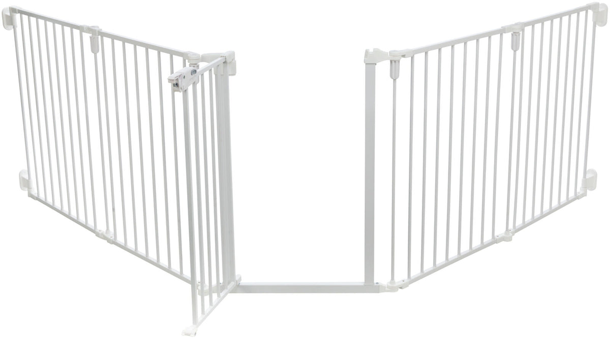 Weißes Sicherheitsgitter aus Metall mit verstellbarer Breite, geeignet für Türen oder Treppen, mit Verschlussmechanismus.