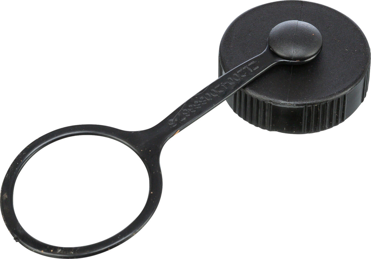 Schwarzer Kunststoffdeckel mit integriertem Sicherungsring und geriffeltem Rand.