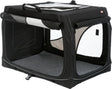 Schwarze Transportbox mit Netzfenstern und Tragegriff, aus Stoffmaterial, halboffen gezeigt.