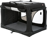 Schwarze Transportbox mit Netzfenstern und Tragegriff, aus Stoffmaterial, halboffen gezeigt.