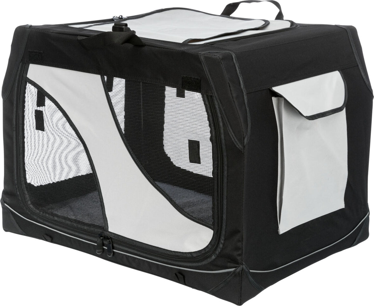 Schwarze und weiße tragbare Transportbox mit Netzeinsätzen und Griff.