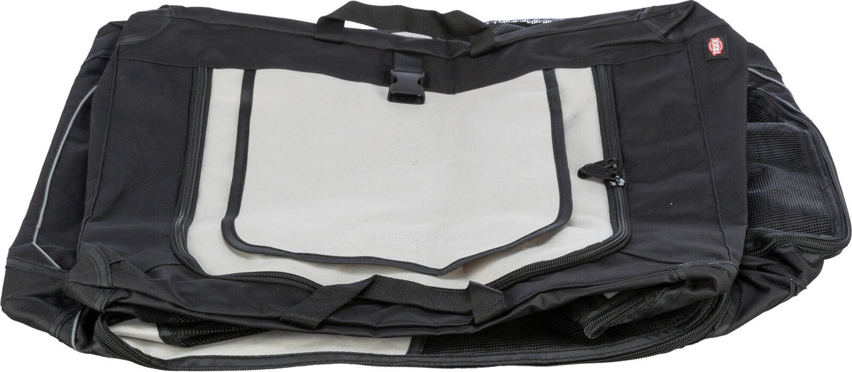 Schwarze Tasche mit grauem Einsatz, Tragegriff und Reißverschlüssen, aufgeschlagen und flach liegend.