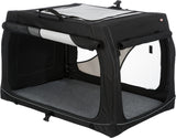 Schwarze Transportbox mit rechteckiger Form, Netzfenstern und hellgrauer Innenseite.