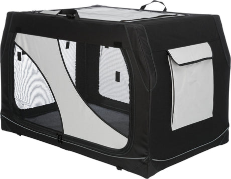 Schwarze und weiße Transportbox mit Netzfenstern und Tragegriffen, eckige Form, Klappe an der Seite.