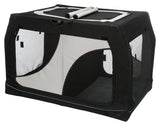 Schwarze und weiße Transportbox mit Netzfenstern und Reißverschlüssen auf der Oberseite und an den Seiten.
