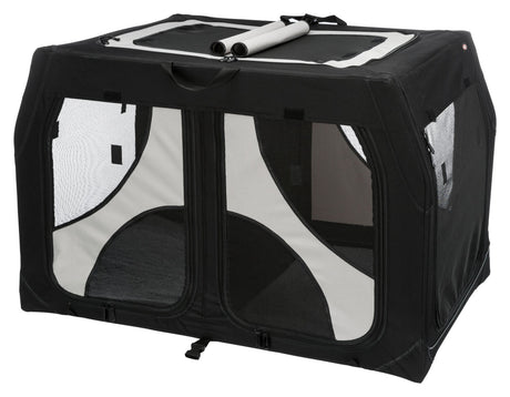 Schwarze und graue Transportbox mit Netzeinsätzen und Tragegriffen, rechteckige Form, zusammenklappbar.