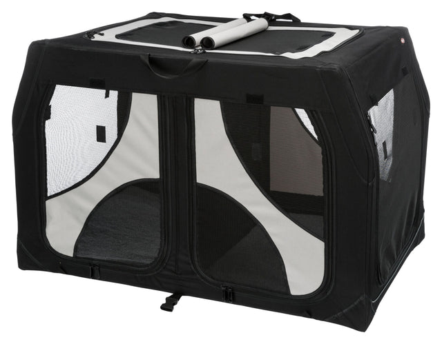 Schwarze und graue Transportbox mit Netzeinsätzen und Tragegriffen, rechteckige Form, zusammenklappbar.