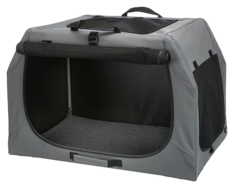 Graue Transportbox mit Netzfenstern und Reißverschlüssen, rechteckige Form mit Tragegriff oben.