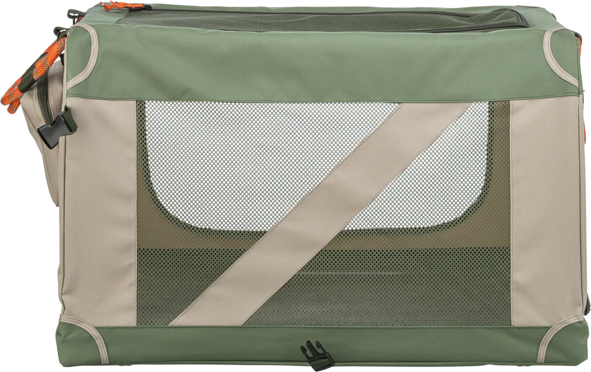 Grüne und beige Tragetasche mit Netzeinsätzen und schwarzen Schnallen auf der Seite.
