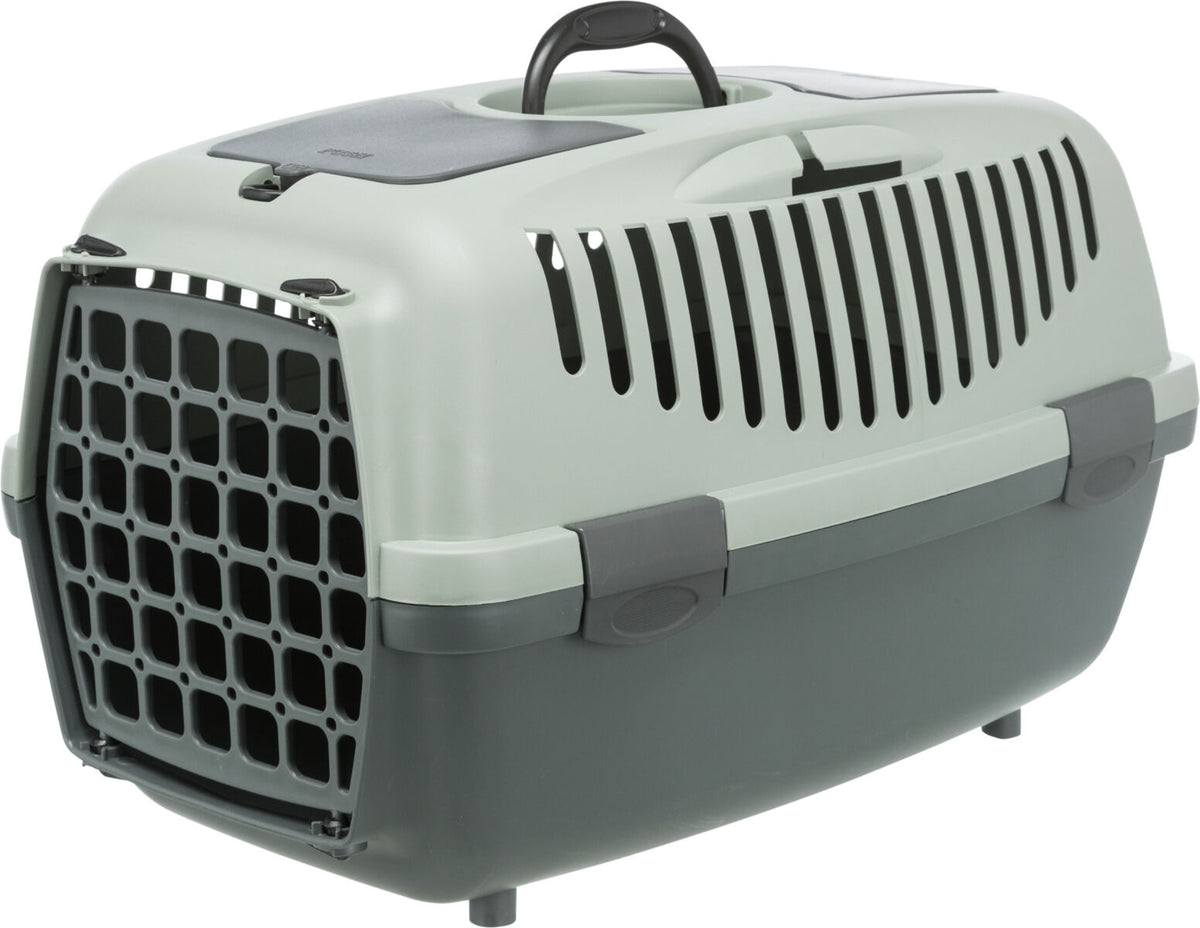 Transportbox mit grauen und dunklen Elementen, Lüftungsschlitzen, Gittertür und Griff oben.