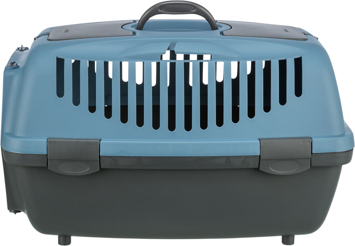 Blau-schwarze Transportbox mit Luftschlitzen und Griff, geeignet für den Transport kleiner Tiere.