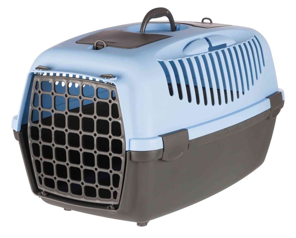 Blaue und schwarze Transportbox mit Gittertür und Griff oben.