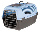 Blaue und schwarze Transportbox mit Gittertür und Griff oben.