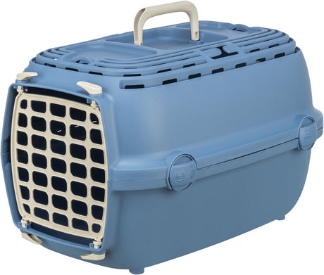 Blaue Transportbox mit beiger Gittertür und Griff, geeignet für den sicheren Transport von kleinen Tieren.