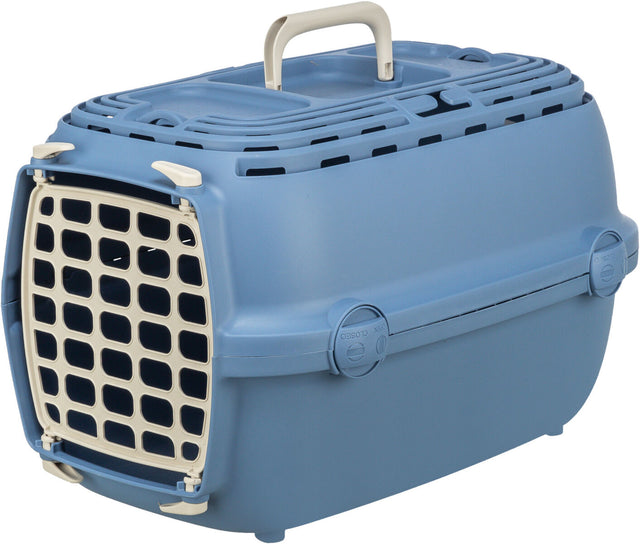 Blaue Transportbox mit beiger Gittertür und Griff, geeignet für den sicheren Transport von kleinen Tieren.