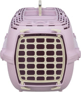 Tragetasche in Rosa und Beige mit Gittertür und Griff, geeignet für den Transport von Haustieren.