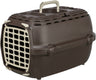 Braune Transportbox mit cremefarbenem Gitter an der Vorderseite und Tragegriff oben.