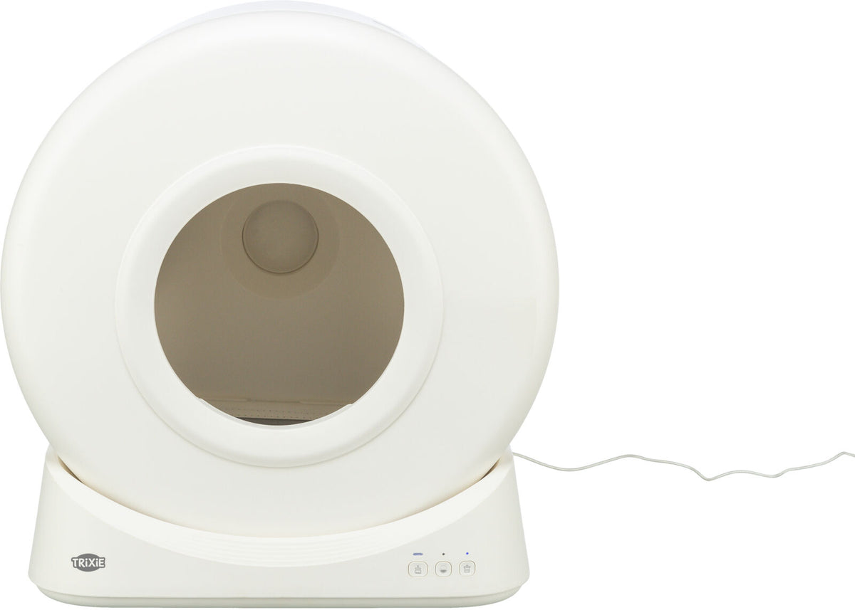 Weißes, rundes Gerät mit offenem Kreis vorne, flache Basis mit Tasten und einem Kabel rechts.