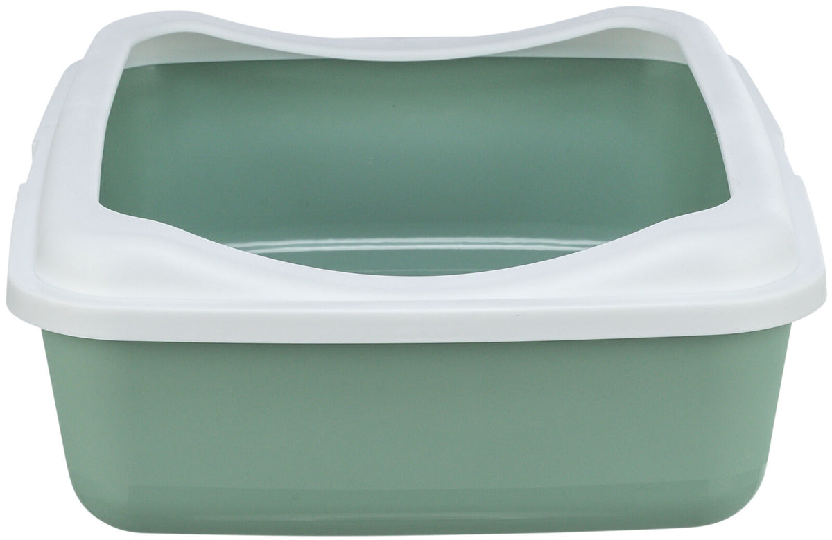 Grüne Katzentoilette mit weißem Rand, offene Form, aus Plastik, ohne Haube.