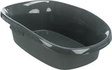 Eine dunkelgraue, ovale Schale mit erhöhtem Rand und glatter Oberfläche.