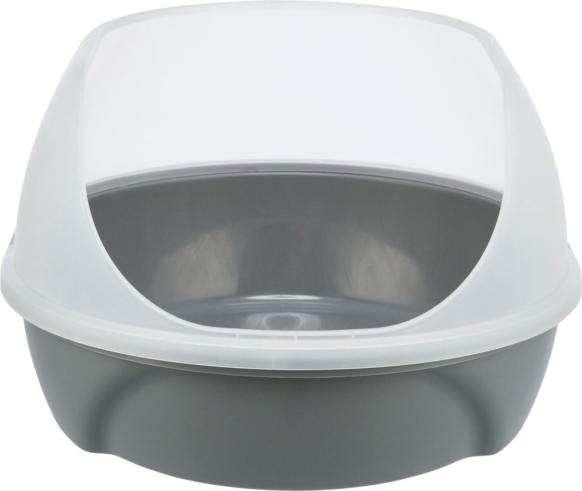 Geschlossene Katzentoilette mit grauer Basis und halbtransparenter Haube.