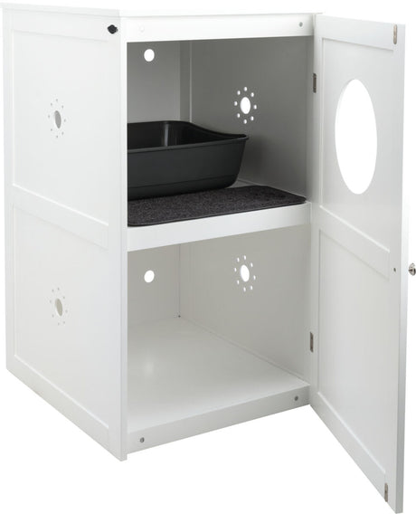 Weißer Schrank mit offener Tür, schwarzer Katzentoilette im oberen Fach, runden Belüftungslöchern in den Wänden.